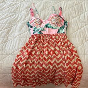 Maaji Pink, Coral and Green Tropical Fit-and-Flare Mini Dress